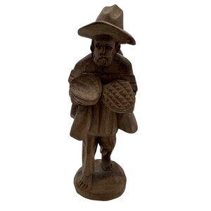 Hand Carved Wood Figurine Of Bearded Man With Hat & Baskets 6.5" Tall Folk Art